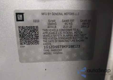 2019 Chevrolet Malibu Lt из США, поврежденный, VIN 1G1ZD5ST9KF188123